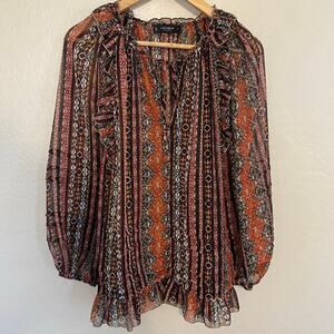 Lucky Brand Sheer Chiffon Peasant Top Ruffles Boho Womens Size Small FLAW